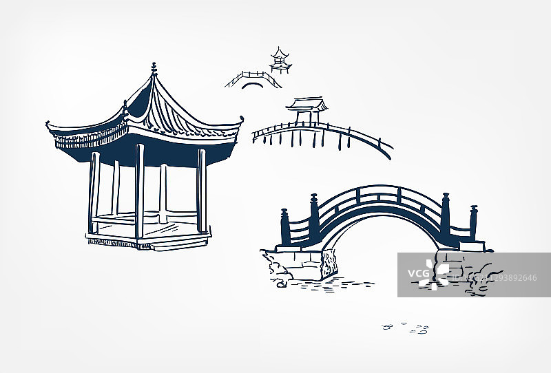 带桥的壁龛素描：日式、中式、东方风格图片素材