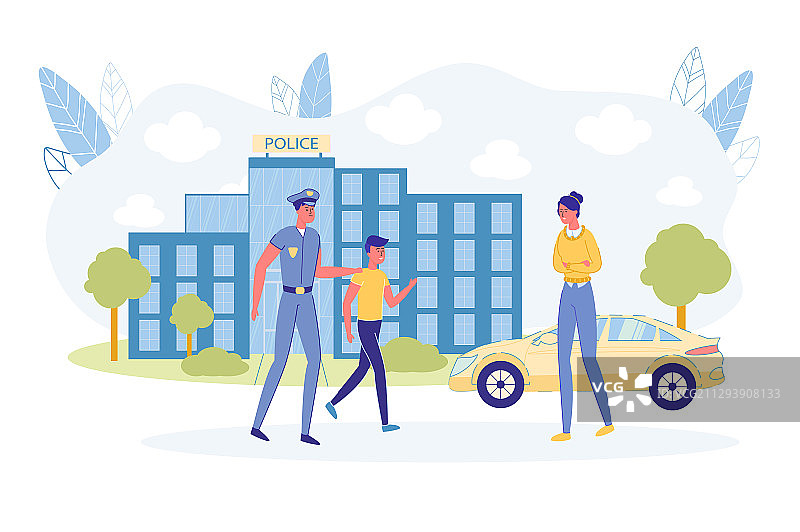 警察带青少年离开城市派出所图片素材