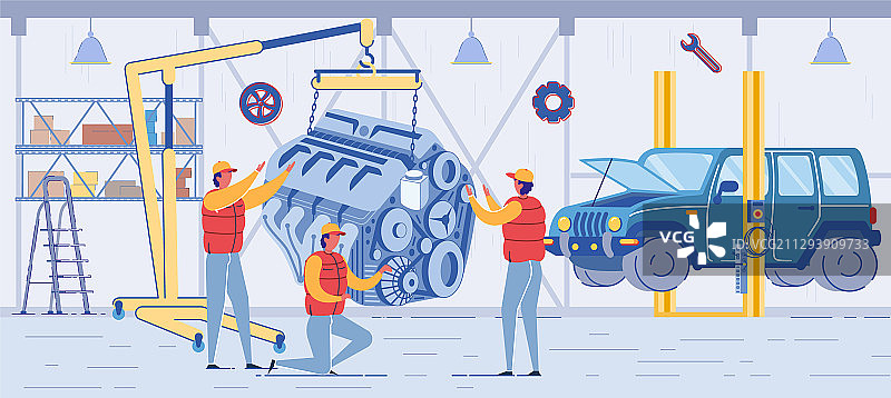 穿制服的卡通技术员正在修理发动机图片素材