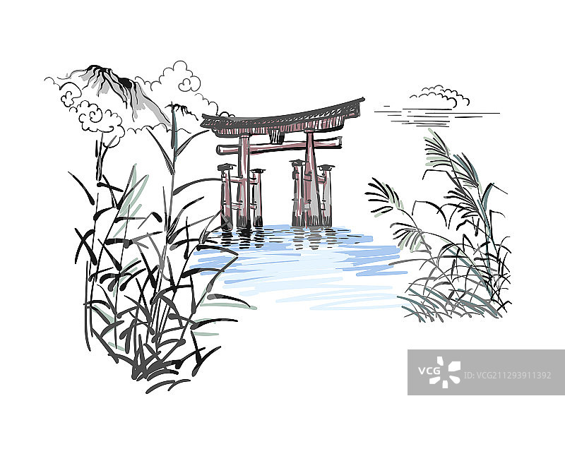 寺庙自然景观日式素描图片素材