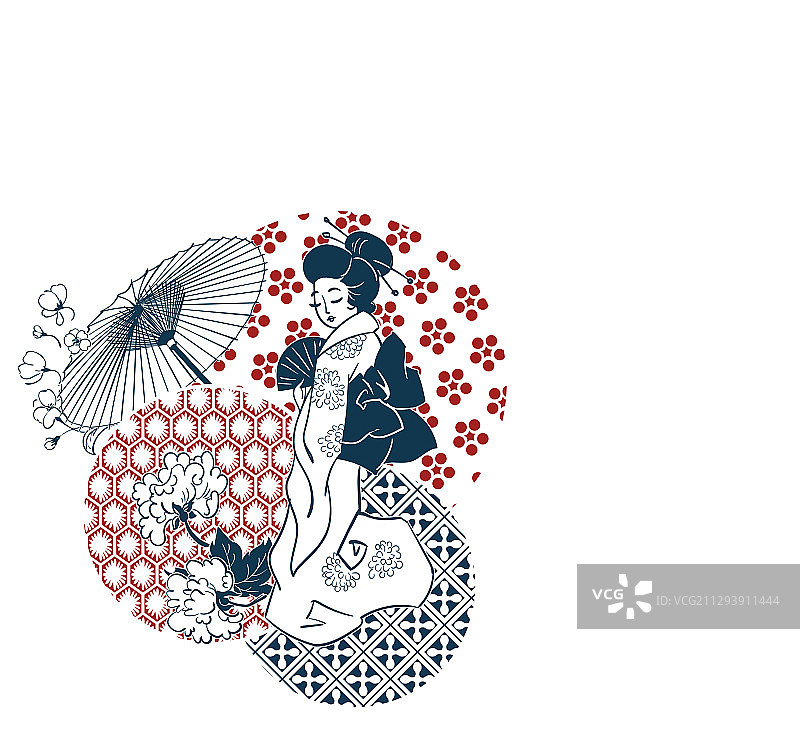 日本艺伎、伞、扇子和圆形图案图片素材