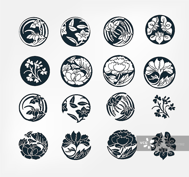 日式中华风格纹章徽章花卉套装图片素材