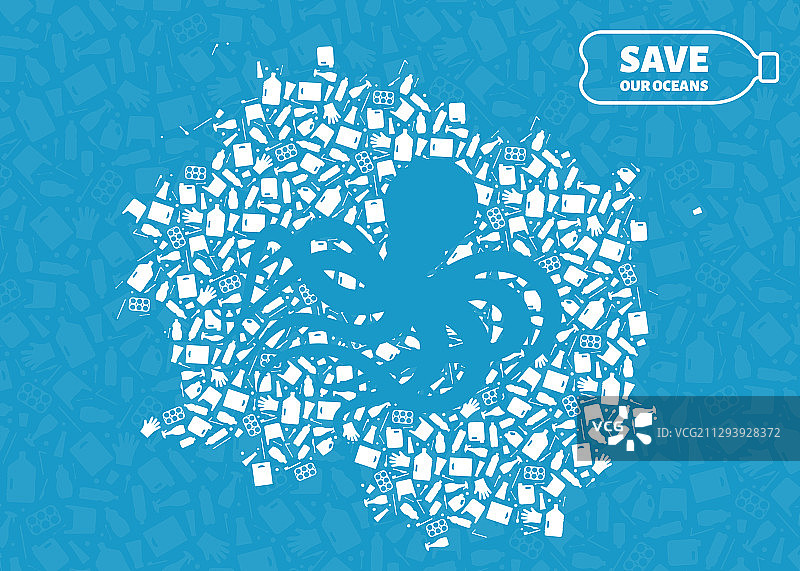 章鱼与海洋塑料污染概念图片素材