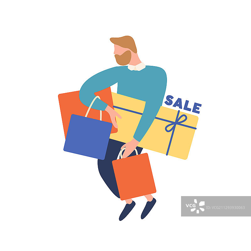 卡通胡须男士搬运箱子和购物袋图片素材