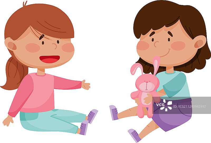 红脸小女孩分享玩具兔子图片素材