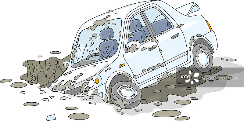 道路上巨型脏坑中的白色汽车图片素材