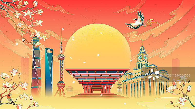 中国风上海建筑群玉兰花插画图片素材