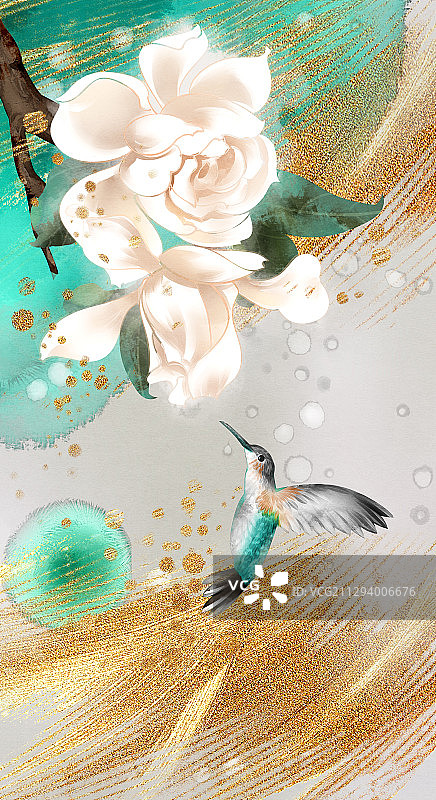 中国风水彩鸟与花插画图片素材