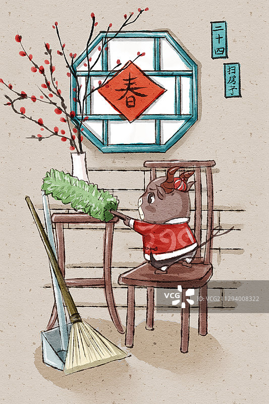 十二生肖牛年中国风春节民俗系列之二十四扫房子图片素材