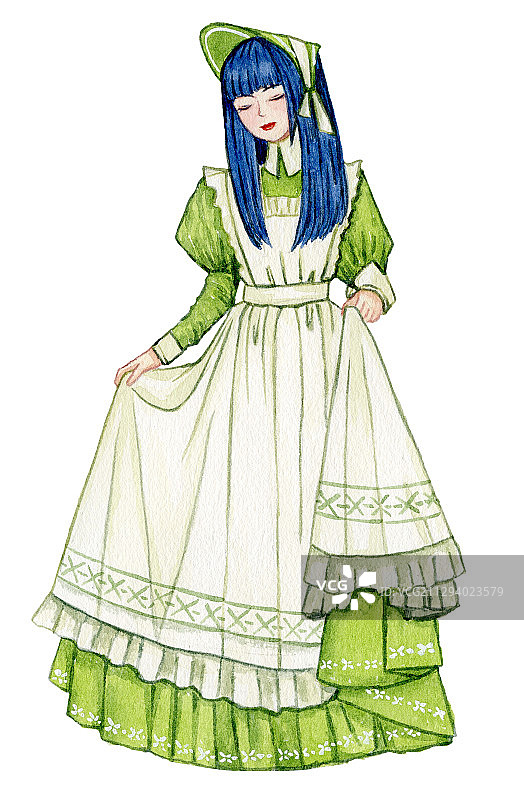 穿着西式洋装风格衣裙的少女 水彩手绘插画图片素材