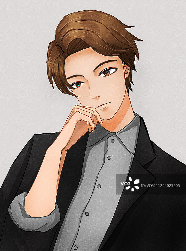 穿着西装的年轻男性手托着下巴 手绘插画图片素材
