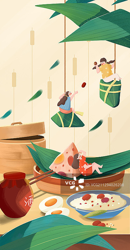 端午节粽子女孩打闹插画图片素材