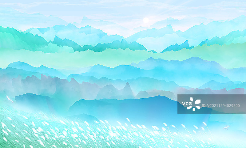 太阳出来了照在森林里山峰上插画背景图片素材