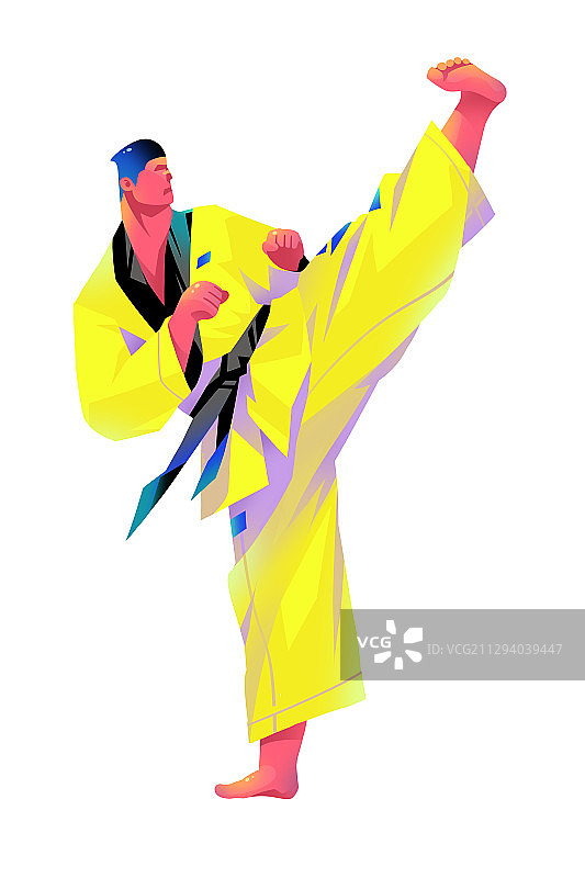 男子穿道服练跆拳道踢腿的插画图片素材