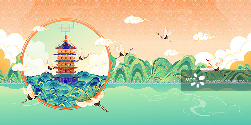 国潮风杭州西湖美丽的风景矢量插画图片素材
