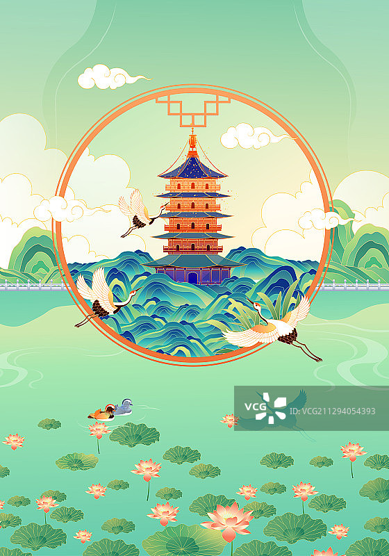 国潮风杭州西湖美丽的风景矢量插画图片素材
