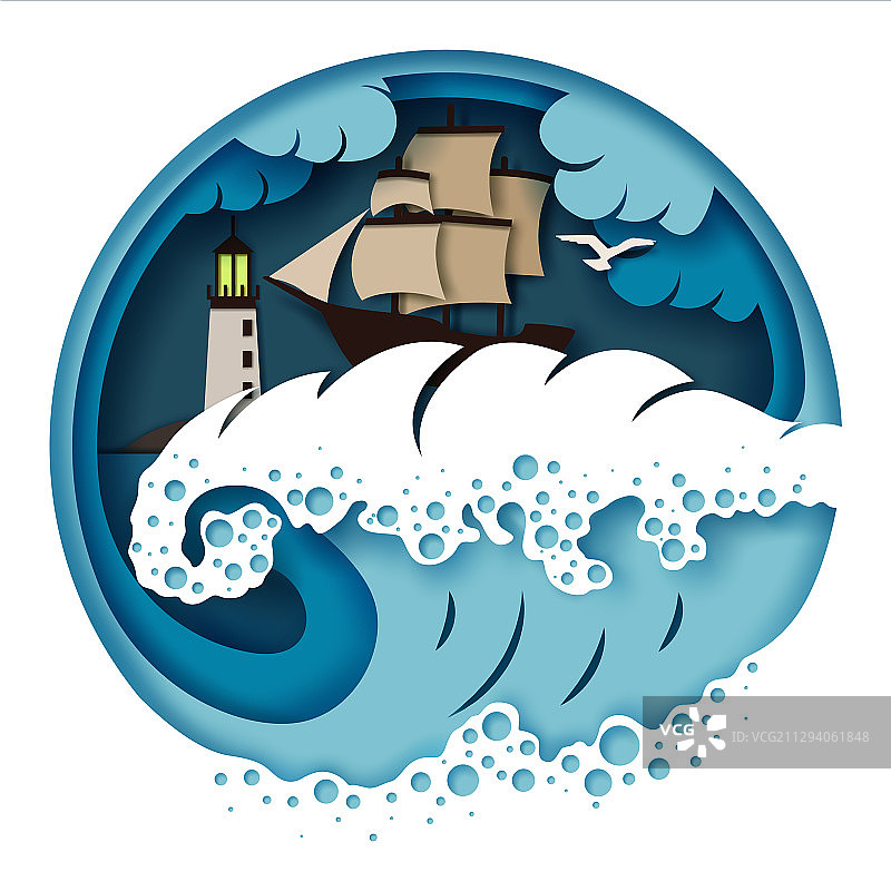 波涛汹涌大海上的帆船图片素材