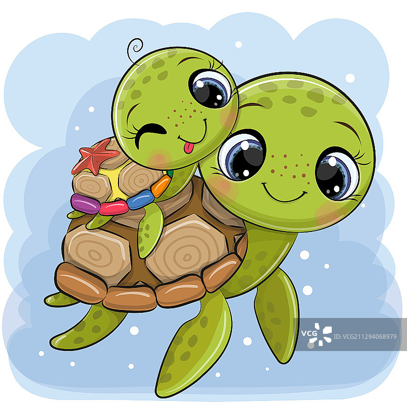 卡通水龟父子在蓝色背景上图片素材