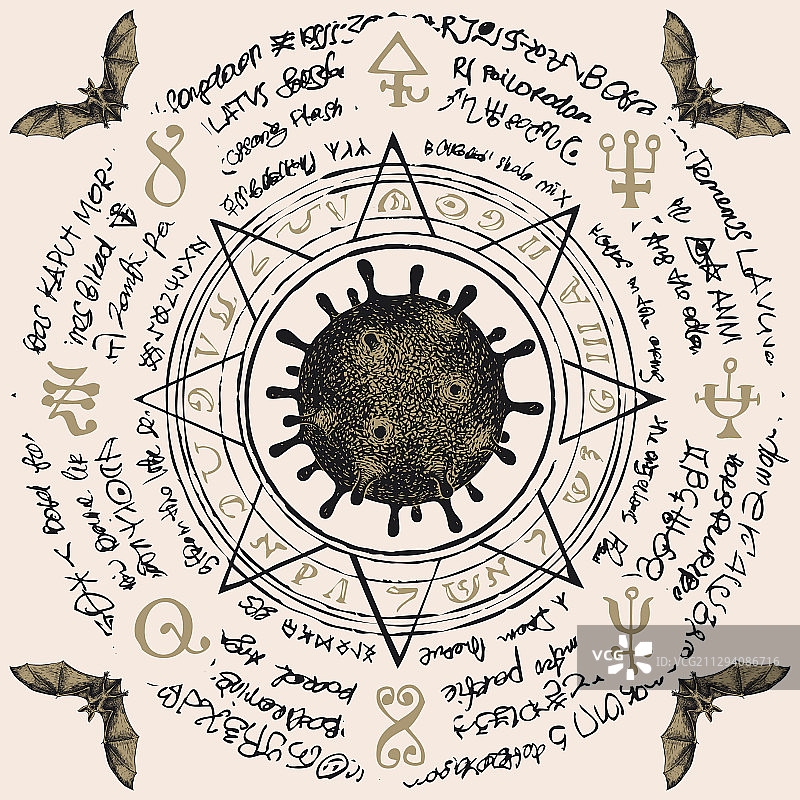 带有冠状病毒细胞的手绘曼陀罗图片素材