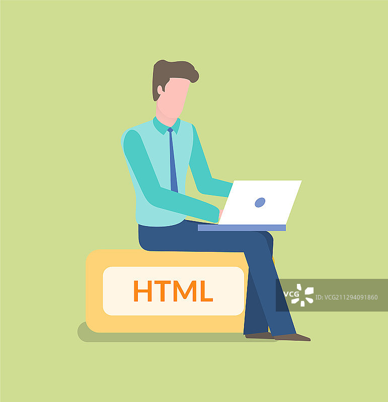 坐在HTML标志上工作的编程男人图片素材