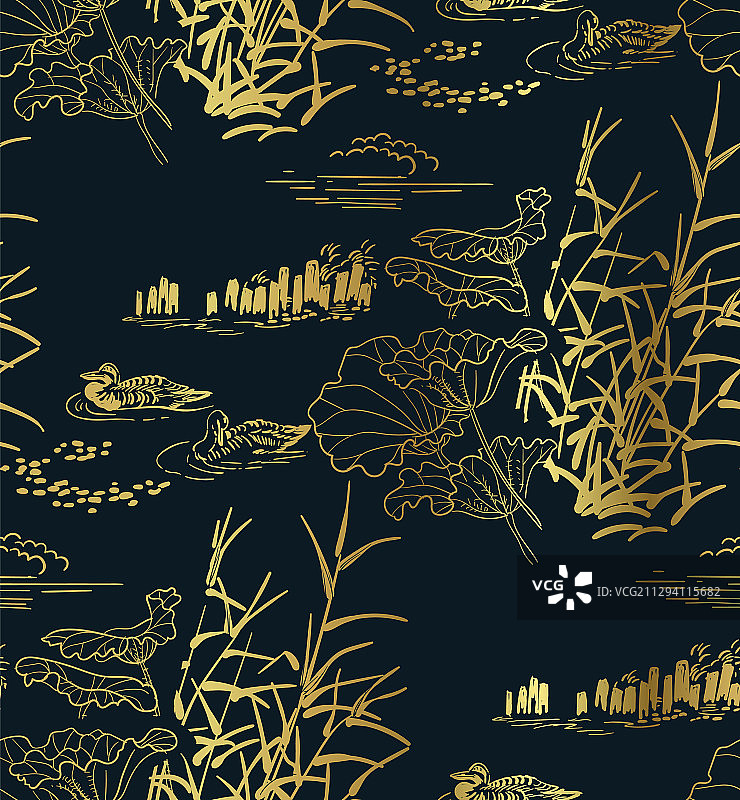 池塘鸭子与牛蒡自然景观速写图片素材