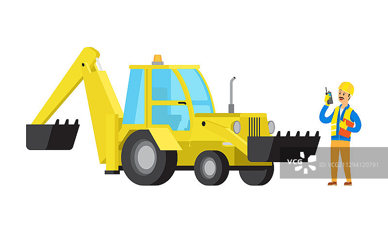 挖掘机和带对讲机的工程师图片素材