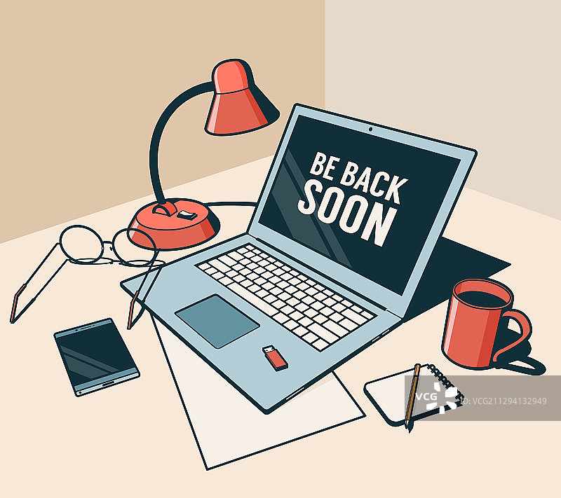 带有笔记本电脑、台灯、马克杯和眼镜的3D工作场所图片素材