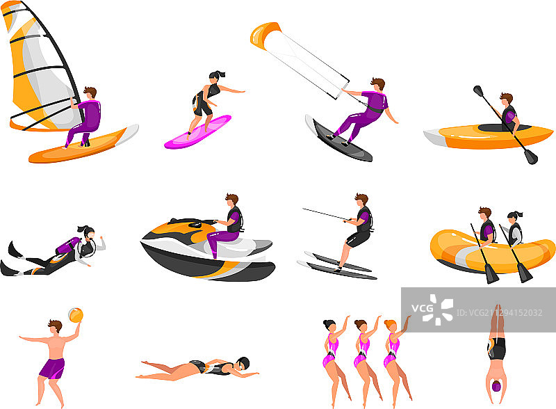 极限水上运动扁平化设计：冲浪与划船图片素材