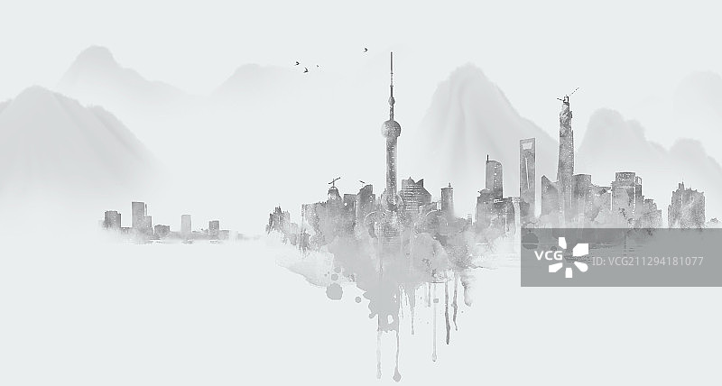 城市建筑群水墨插画上海图片素材