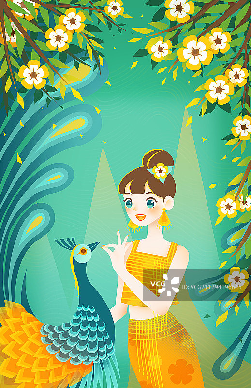 花丛中与孔雀互动的少女图片素材