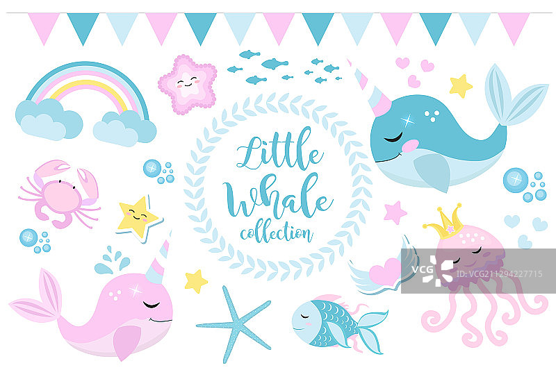 卡通风格的小鲸鱼独角兽图片素材