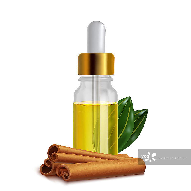 肉桂精油瓶与肉桂棒和叶子图片素材