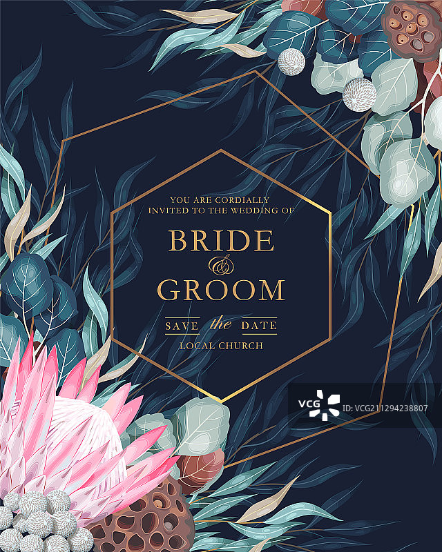 带有鲜花和绿植的复古婚礼卡片图片素材