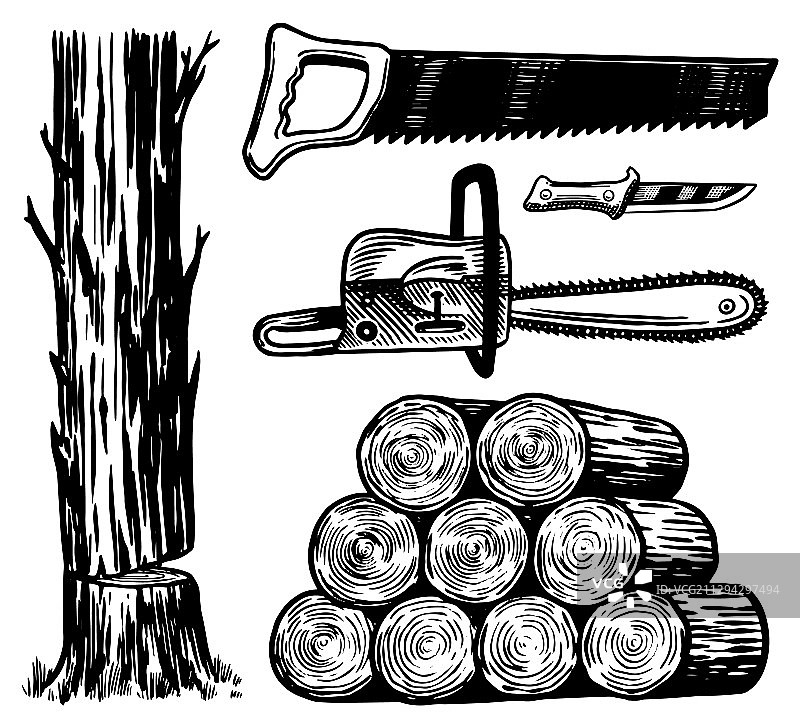 倒下的原木，锯或链锯工作工具手图片素材
