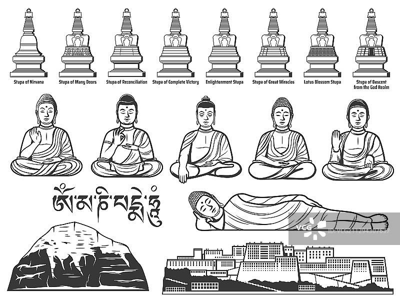 佛教佛像和佛塔素描图片素材