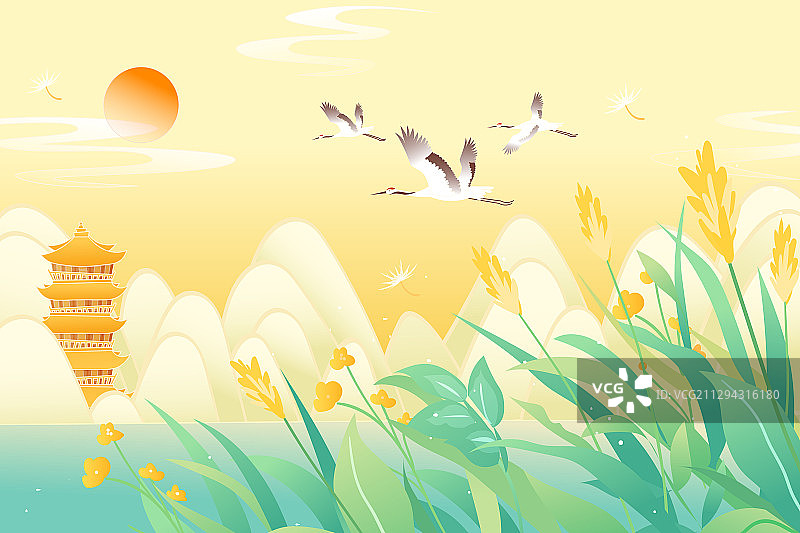 卡通茶道白露处暑秋分秋季立秋踏秋仙鹤古建筑自然风景矢量插画图片素材