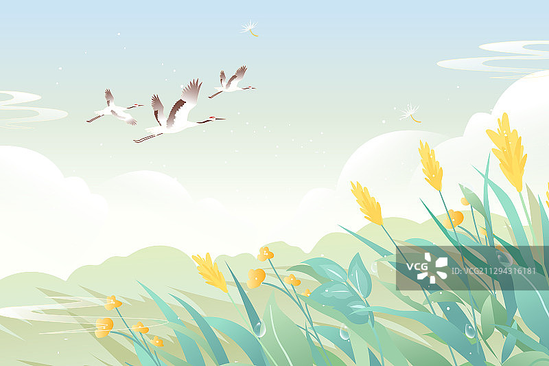 卡通茶道白露处暑秋分秋季立秋踏秋仙鹤古建筑自然风景矢量插画图片素材