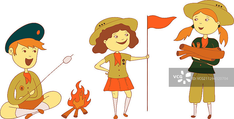 孩子们童子军生火并扛着旗图片素材