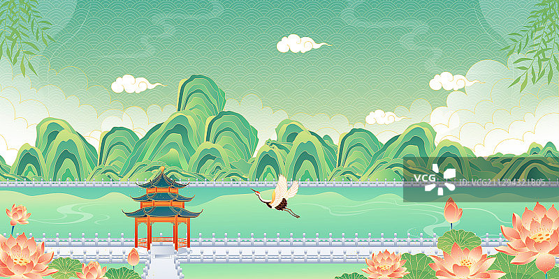 江南园林矢量风景插画图片素材