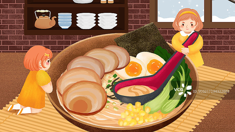 日式豚骨拉面和拿汤勺的女孩图片素材