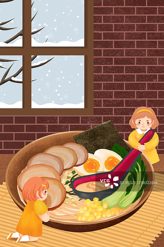 日式豚骨拉面和拿汤勺的女孩图片素材