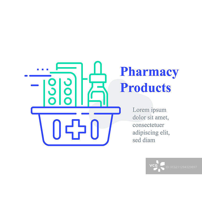 完整的药房购物篮订单医疗产品图片素材