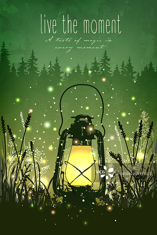 草地上的复古灯笼与魔幻光芒图片素材