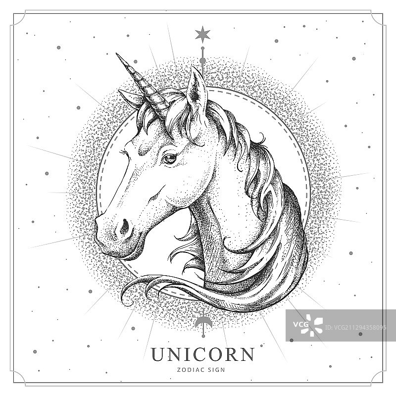 带有独角兽星座标志的魔法巫术卡片图片素材