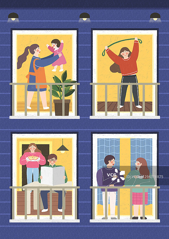 人类生活概念：扁平设计插画中的邻居窗户图片素材