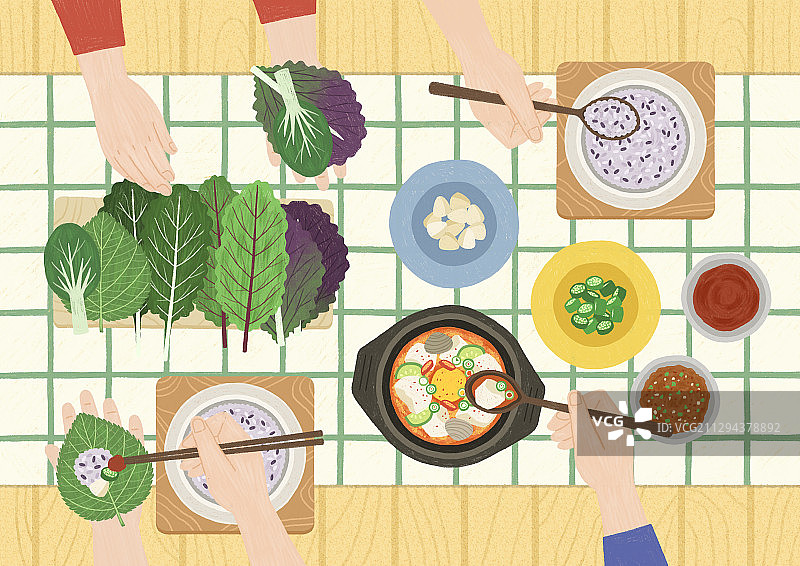 美味亚洲美食扁平风格俯视图插画图片素材