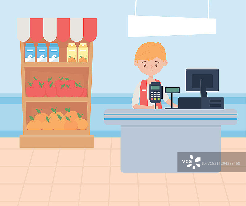 男人收银员在超市货架上购买过多的食物图片素材