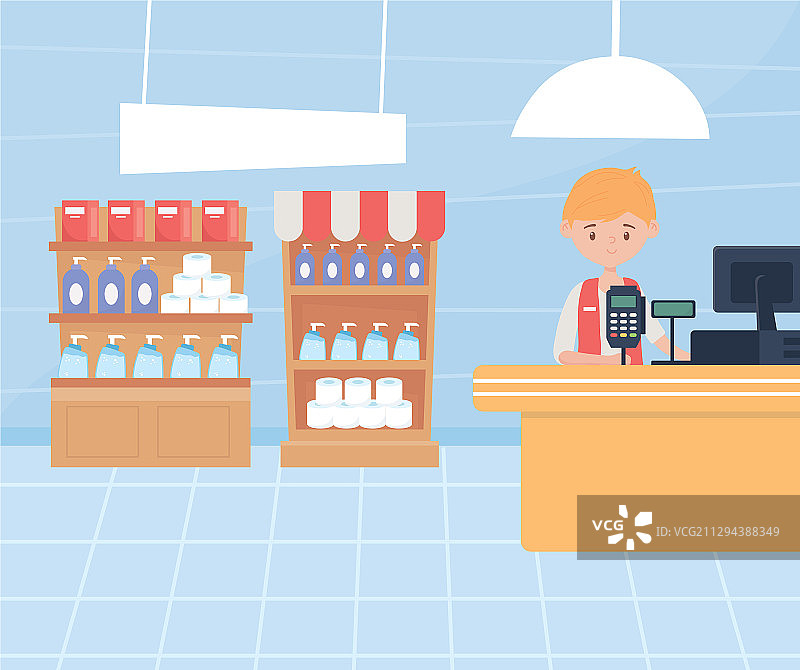 超市售货员在货架上整理清洁产品图片素材