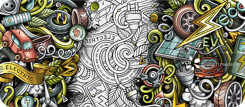 手绘涂鸦电动汽车banner卡通图片素材