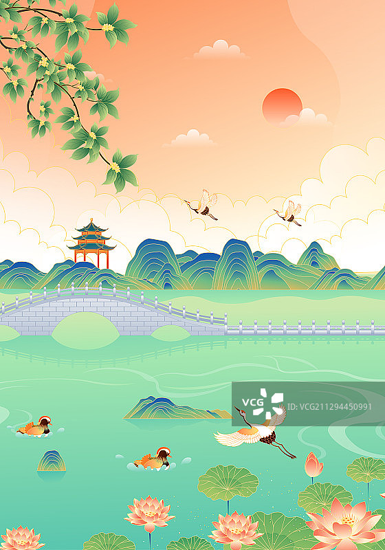 江南园林矢量风景插画图片素材